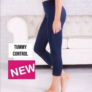 NEW Womens Capri Tummy-Control Navy Blue Leggings Ribbed Yoga Waist